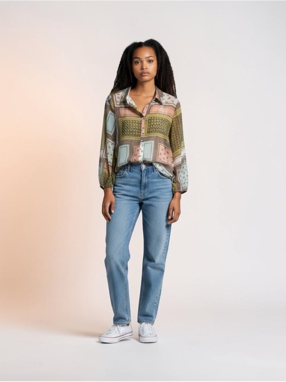 Lg BUCKETLIST Patchwork Print Long Sleeve Blouse in Olive, Pink and Cream